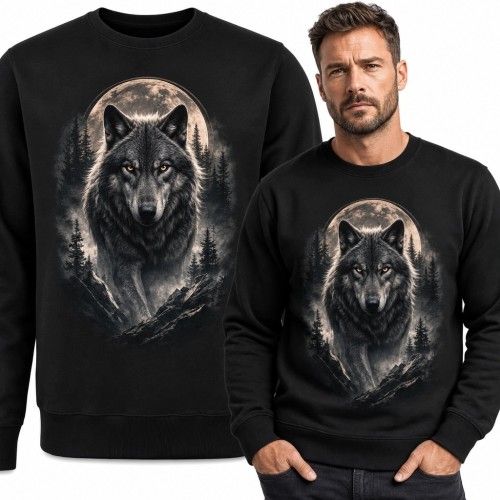 Bluza męska bez kaptura - realistyczny wilk na tle pełni księżyca i lasu