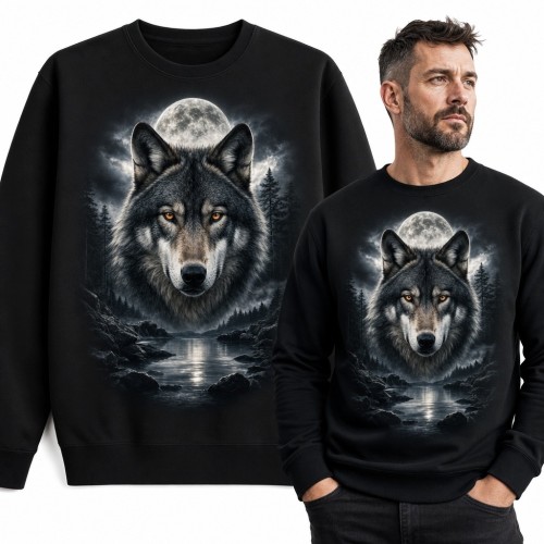 Bluza męska bez kaptura - wilk na tle pełni księżyca
