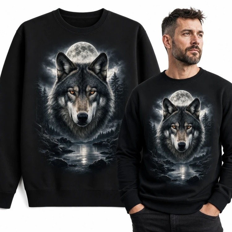 Bluza męska bez kaptura - wilk na tle pełni księżyca
