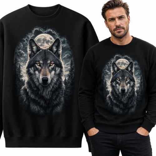 Bluza męska bez kaptura z czarnym wilkiem i pełnią księżyca - mroczny motyw leśny