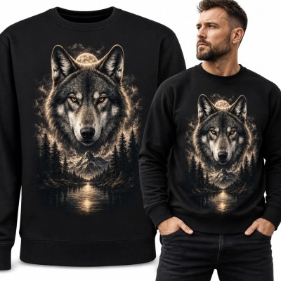 Bluza męska bez kaptura z wilkiem i nocnym górskim krajobrazem