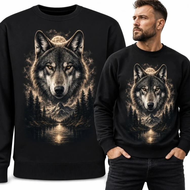 Bluza męska bez kaptura z wilkiem i nocnym górskim krajobrazem