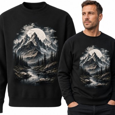Bluza męska bez kaptura z górskim krajobrazem i pełnią księżyca