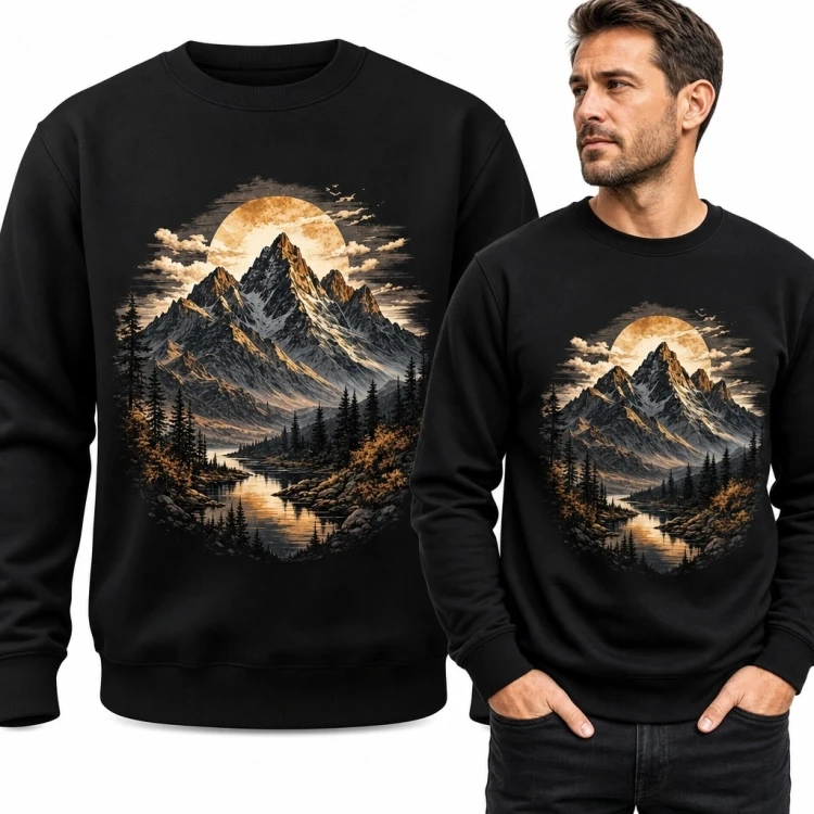 Bluza męska bez kaptura - górskie jezioro, las i słońce nad szczytami
