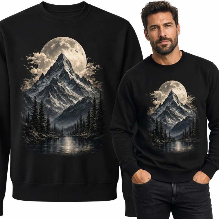 Bluza męska bez kaptura - górski szczyt w świetle pełni księżyca