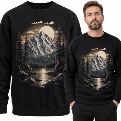 Bluza męska bez kaptura - górski krajobraz z lasem i wodą