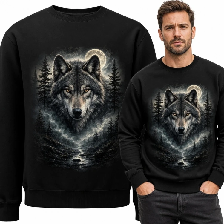 Bluza męska bez kaptura z wilkiem - nocny las i pełnia księżyca