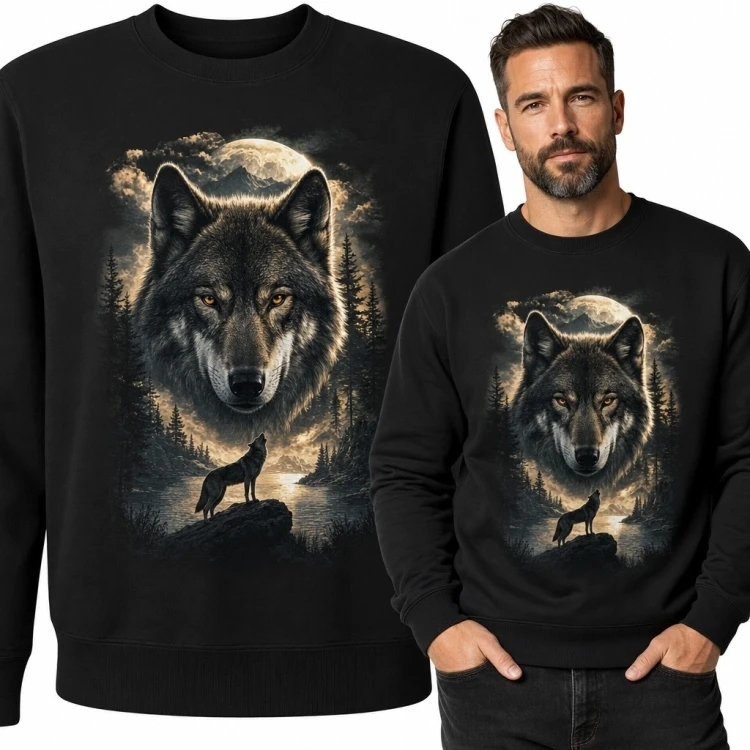 Bluza męska bez kaptura z wilkami i pełnią księżyca - nocny las