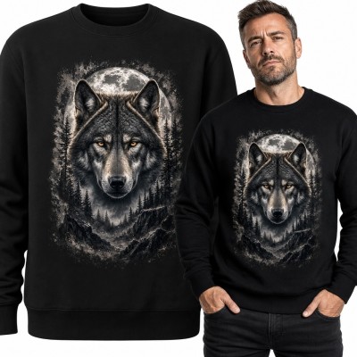 Bluza męska bez kaptura z realistycznym wilkiem i pełnią księżyca