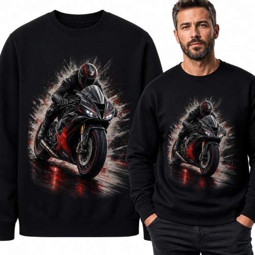 Bluza męska bez kaptura - czarno-czerwony motocykl na mokrej drodze