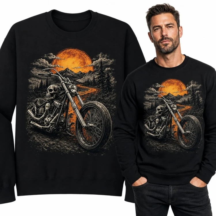 Bluza męska bez kaptura - szkielet motocyklisty na chopperze