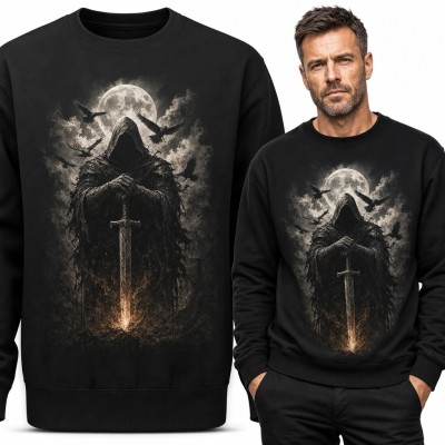 Bluza męska bez kaptura dark fantasy z zakapturzoną postacią i mieczem