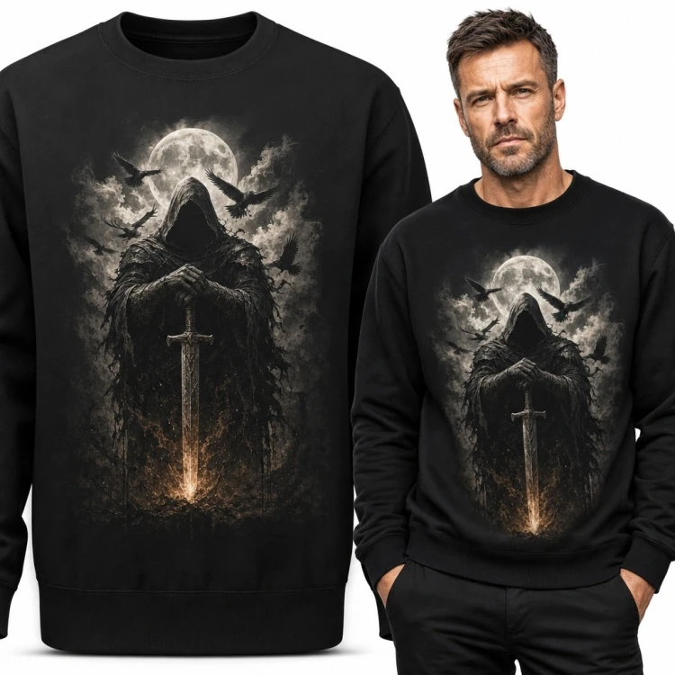 Bluza męska bez kaptura dark fantasy z zakapturzoną postacią i mieczem