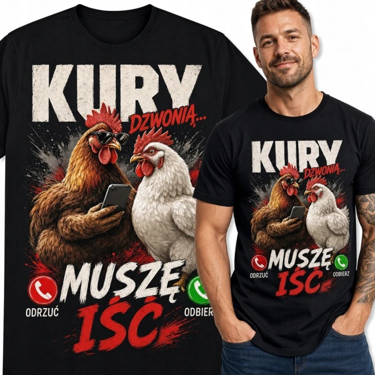 Koszulka męska z kurami „Kury dzwonią... muszę iść” - śmieszny nadruk