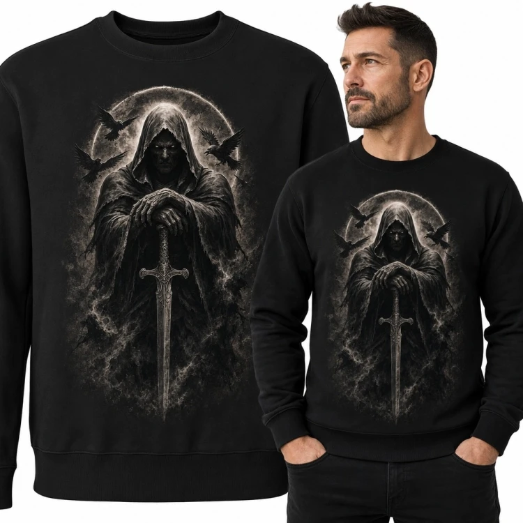 Bluza męska bez kaptura z mrocznym żniwiarzem i mieczem - gotyckie dark fantasy