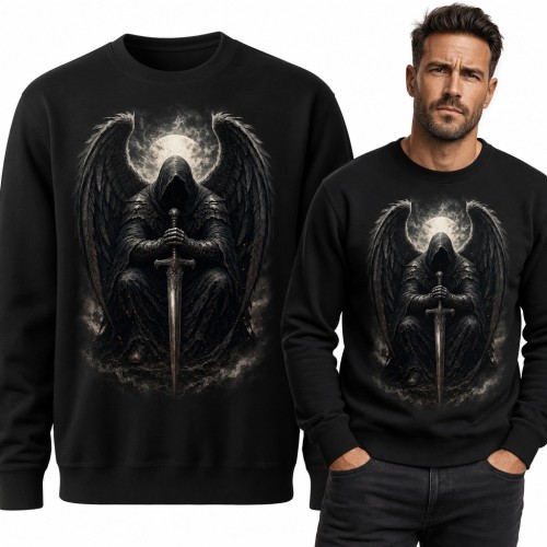Bluza męska bez kaptura - mroczny anioł z mieczem i księżycem