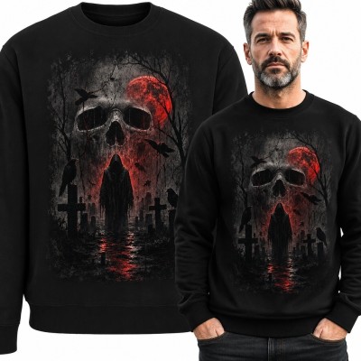 Bluza męska bez kaptura z czaszką i czerwonym księżycem - gotycki horror