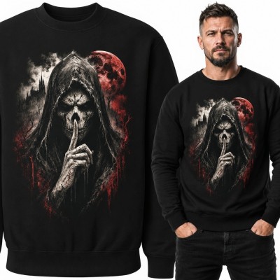 Bluza męska bez kaptura z czaszkową postacią i czerwonym księżycem - motyw horroru