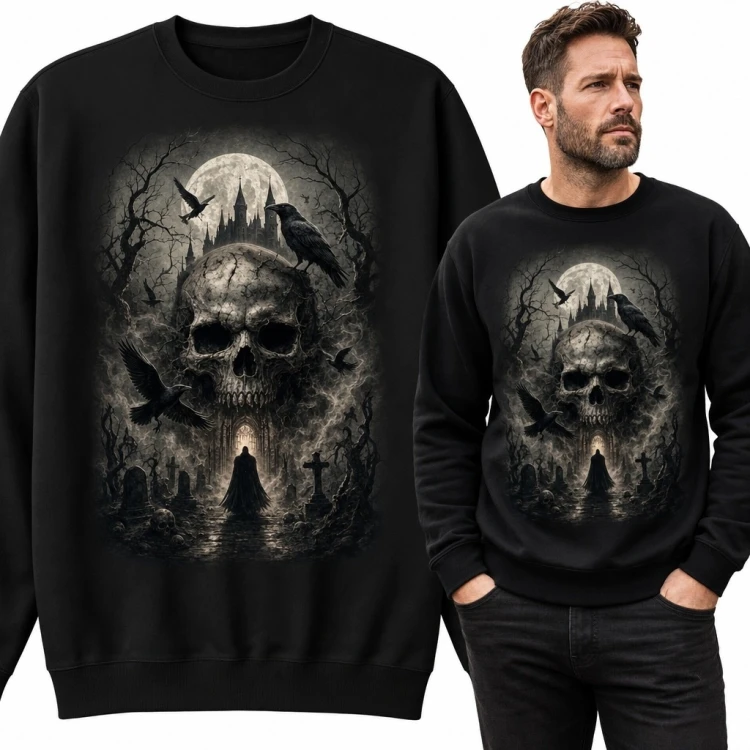 Bluza męska bez kaptura z gotycką czaszką i cmentarną postacią - pełnia księżyca