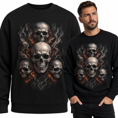 Bluza męska bez kaptura - cztery czaszki w dymie i ogniu