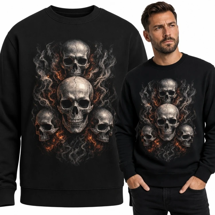 Bluza męska bez kaptura - cztery czaszki w dymie i ogniu