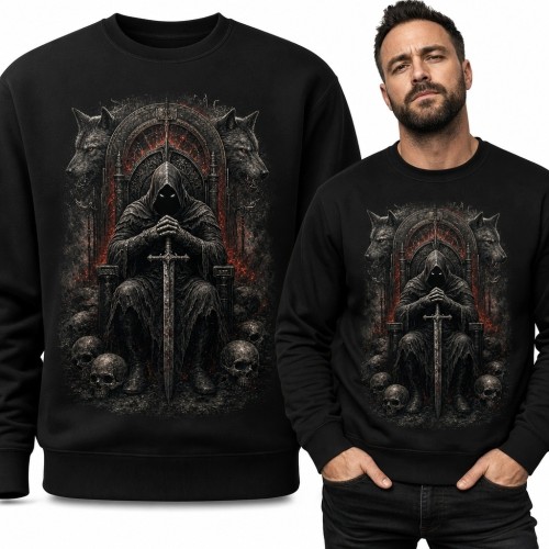 Bluza męska bez kaptura - zakapturzona postać z mieczem, czaszkami i wilkami