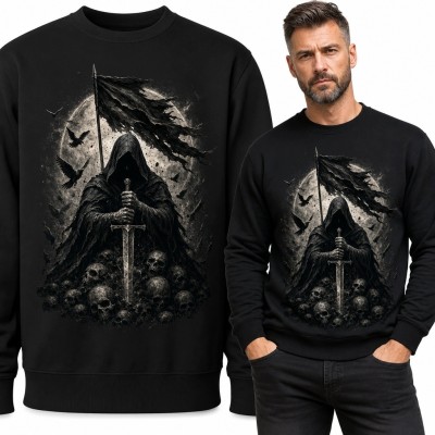 Bluza męska bez kaptura z zakapturzonym wojownikiem i czaszkami - dark fantasy