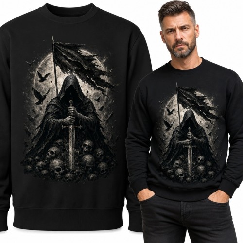 Bluza męska bez kaptura z zakapturzonym wojownikiem i czaszkami - dark fantasy