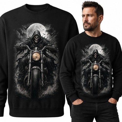 Bluza męska bez kaptura - kościotrup na motocyklu na tle pełni księżyca