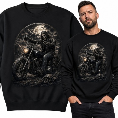 Bluza męska bez kaptura - Kostucha na motocyklu pod pełnią księżyca
