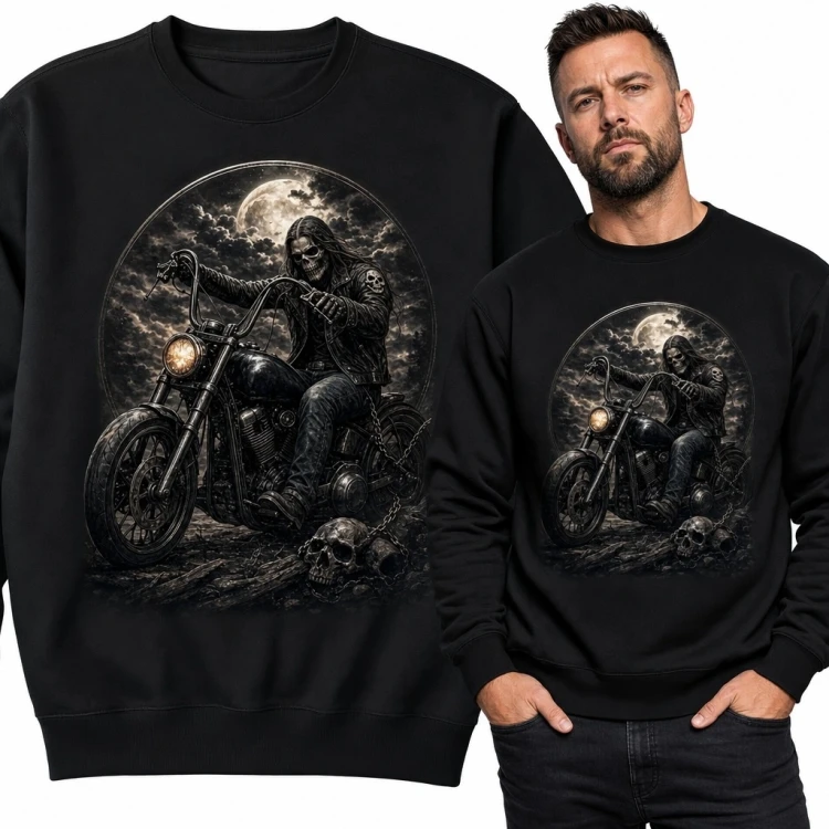 Bluza męska bez kaptura - Kostucha na motocyklu pod pełnią księżyca