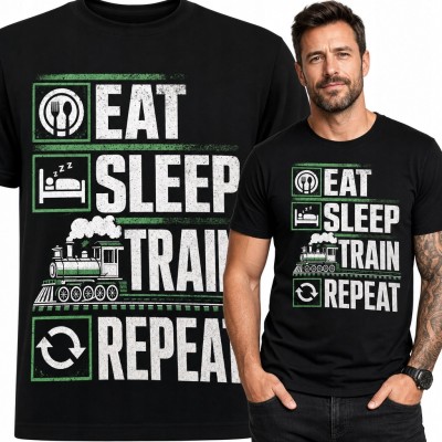 Koszulka męska dla miłośnika kolei „Eat Sleep Train Repeat” - parowóz retro