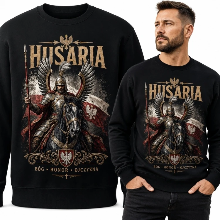 Bluza męska bez kaptura z husarzem „Husaria” - patriotyczny wzór z Orłem Białym