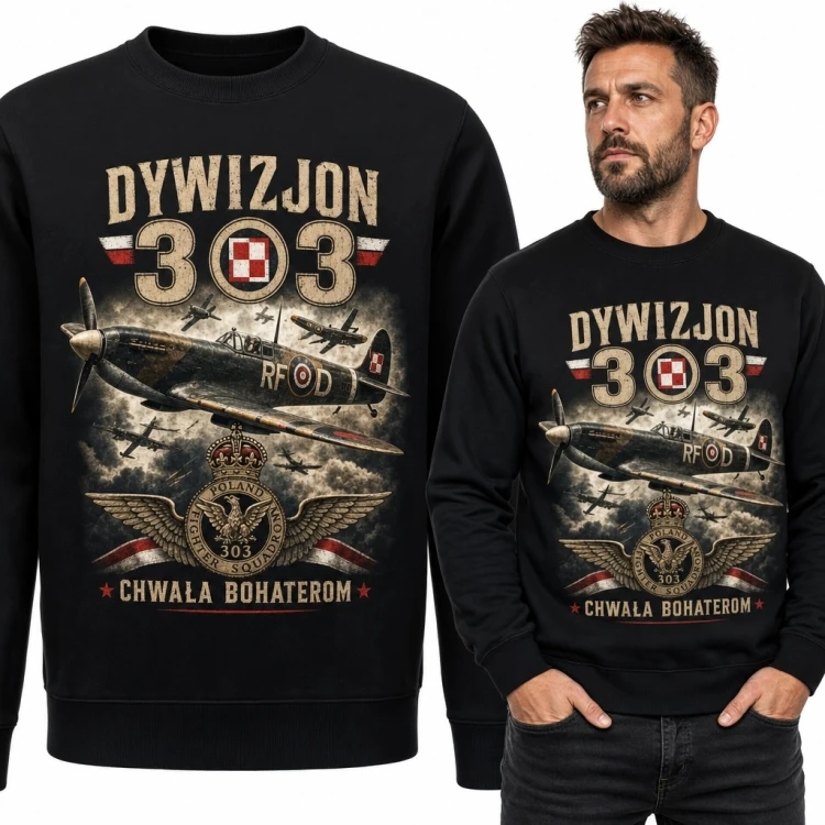 Bluza męska bez kaptura „Dywizjon 303” - samolot myśliwski i „Chwała bohaterom”