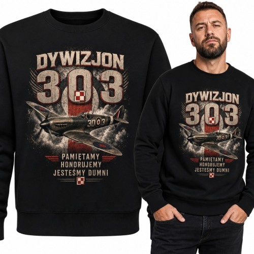 Bluza męska bez kaptura z motywem Dywizjonu 303 i napisem „Dywizjon 303” - historyczny myśliwiec
