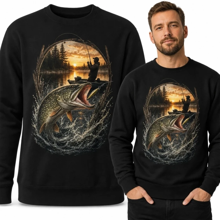 Bluza męska bez kaptura ze szczupakiem - wędkarz na jeziorze o zachodzie słońca