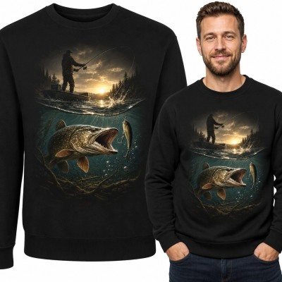 Bluza męska bez kaptura ze szczupakiem atakującym przynętę - wędkarski motyw spinningowy