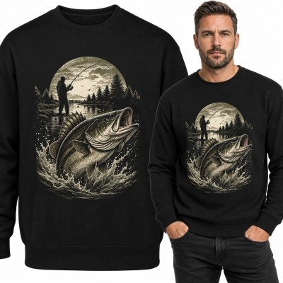Bluza męska bez kaptura - duża ryba i wędkarz nad leśnym jeziorem