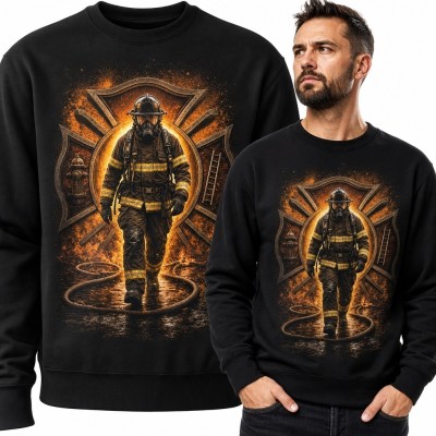 Bluza męska bez kaptura - strażak w ognistej scenerii