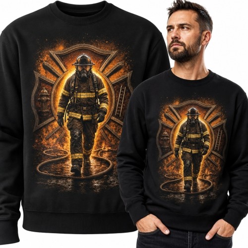 Bluza męska bez kaptura - strażak w ognistej scenerii