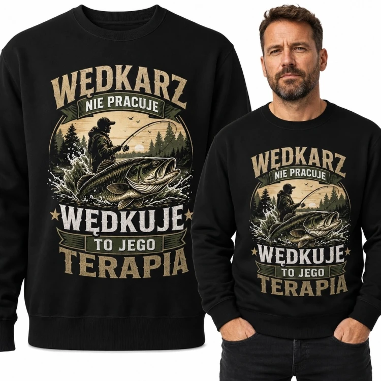 Bluza męska bez kaptura z wędkarzem „Wędkarz nie pracuje, wędkuje - to jego terapia”