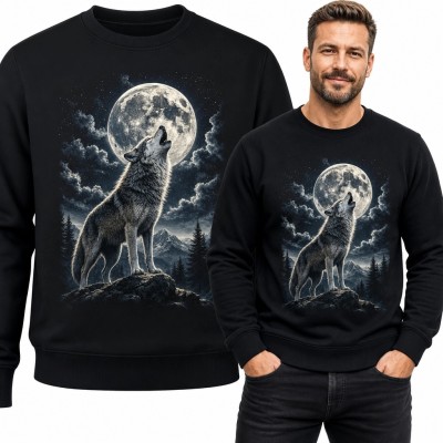 Bluza męska bez kaptura z wilkiem wyjąjącym do pełni księżyca - nocny górski krajobraz