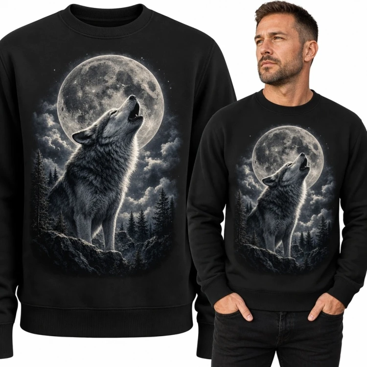 Bluza męska bez kaptura - wyjący wilk, pełnia księżyca i nocne chmury