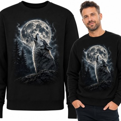 Bluza męska bez kaptura z wyją­cym wilkiem na tle pełni księżyca i lasu