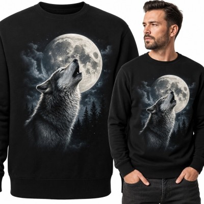 Bluza męska bez kaptura z nadrukiem wyjącego wilka i pełni księżyca - nocny motyw