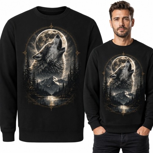 Bluza męska bez kaptura z wyjącym wilkiem na tle pełni księżyca