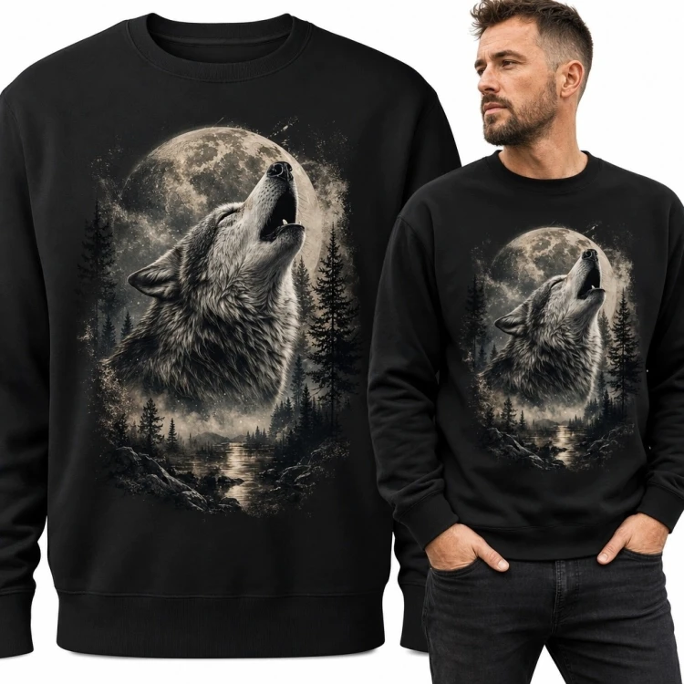 Bluza męska bez kaptura - wyjący wilk przy pełni księżyca