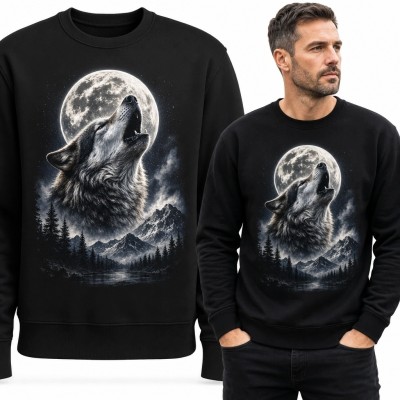 Bluza męska bez kaptura z wyjącym wilkiem na tle pełni księżyca - mroczny motyw natury