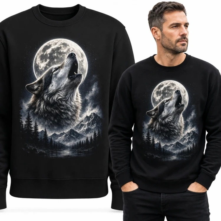 Bluza męska bez kaptura z wyjącym wilkiem na tle pełni księżyca - mroczny motyw natury