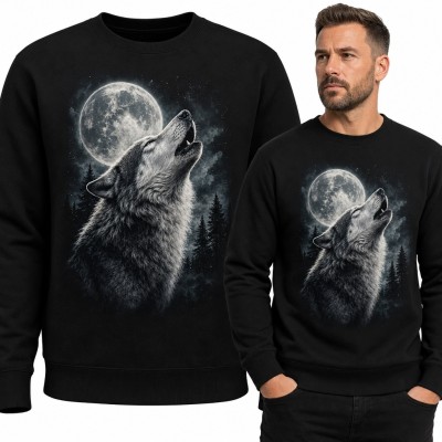 Bluza męska bez kaptura z wyją­cym wilkiem na tle pełni księżyca - nocny las